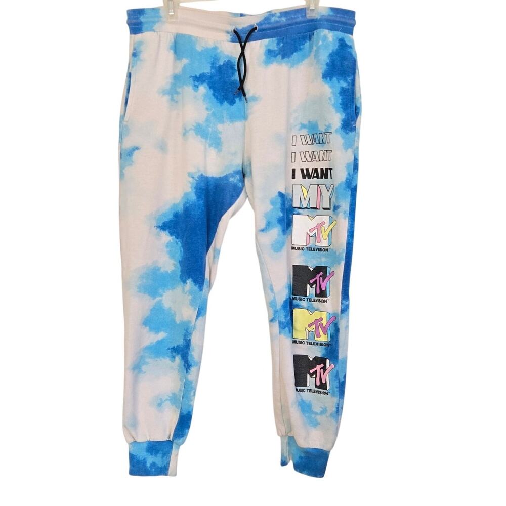 Y2K Nostalgia Retro Pop Culture MTV Blue Tie‑Dye Graphic Grunge Joggers Size XL